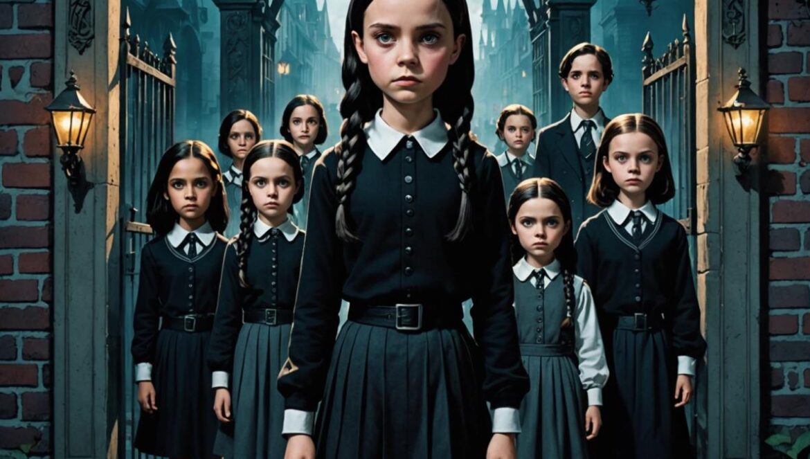 Wednesday regresa con Lady Gaga y Steve Buscemi: la temporada 2 que promete arrasar en Netflix A young gothic woman with long dark braids (resembling Wednesday Addams), standing confidently at the center of an old, mysterious academy gate. She’s surrounded by classmates in colorful outfits and fantasy elements like animated dolls and eerie shadows. Editorial photorealistic style, moody yet vibrant lighting, main subject sharply focused, detailed vintage posters in the background hinting at family legacy and supernatural intrigue.