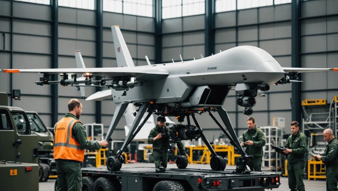 El boom de los drones desechables en Europa: así funciona el polémico ONE WAY EFFECTOR A center-focused image of a sleek, compact European military drone (ONE WAY EFFECTOR) being loaded onto a launcher truck in a modern hangar, photorealistic editorial style, bright and well-lit environment with engineers in uniforms preparing equipment, the main drone clearly centered and sharply in focus with visible composite materials, industrial details in the background hinting at mass production lines, clean composition for a tech publication.