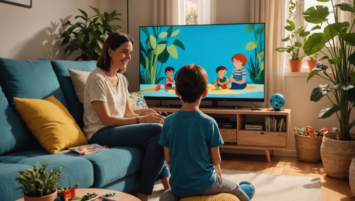 Bluey no solo es para niños: ¿modelo de crianza… o presión disfrazada de ternura? A modern living room in Buenos Aires, a mother and child sitting together on the sofa watching Bluey on a large flat-screen TV, photorealistic editorial style, warm evening light filtering through plants by the window, colorful toys scattered on the table, both smiling but with thoughtful expressions. Main subjects (mother and child) centered and in sharp focus.