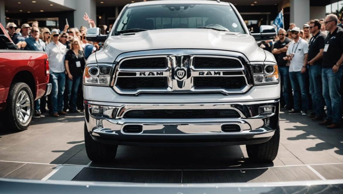 Motores V8 Hemi: ¿Por qué su regreso a RAM 1500 emociona (y divide) tanto? A powerful RAM 1500 pickup truck with the hood open, showing the V8 Hemi engine prominently centered, photorealistic editorial style, bright natural lighting highlighting chrome details, passionate fans surrounding the truck in a dealership setting with banners celebrating 'The Legend Returns', clean and modern background, main engine and RAM logo clearly in focus.