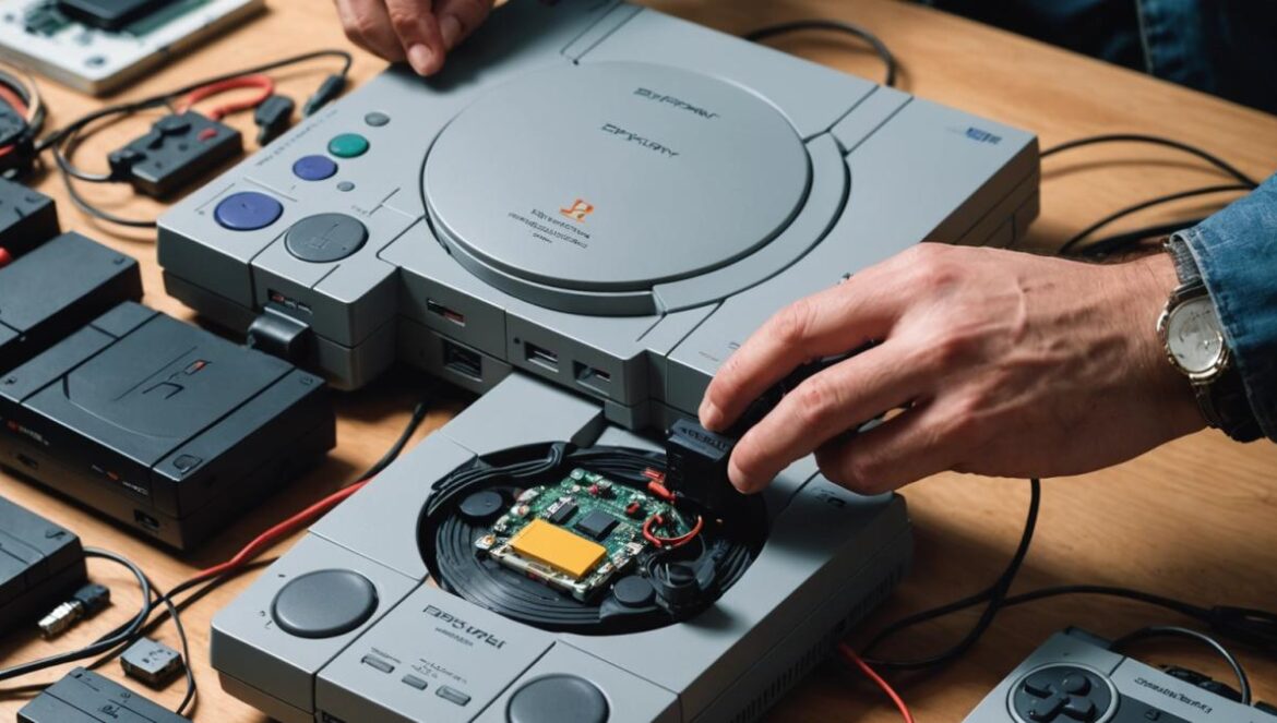 De la nostalgia al taller: así renace el PS1 con una motherboard hecha a medida A close-up of a retro PlayStation 1 console on a modern workbench, main subject centered and in sharp focus. An engineer wearing glasses is carefully installing a new, custom-made motherboard into the open console. Photorealistic editorial style, bright studio lighting highlighting the intricate electronics. Vintage gaming posters and tools visible in the background for added nostalgia, clean and techy atmosphere.