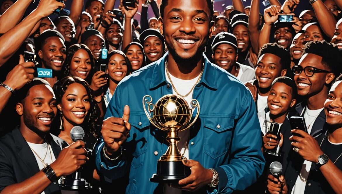 Kendrick Lamar holding multiple BET Awards trophies, smiling confidently center stage at the Peacock Theater, surrounded by flashing cameras and excited fans in stylish attire, photorealistic editorial style, vivid lighting, elegant event backdrop with BET logos, main subject well-centered and in sharp focus.