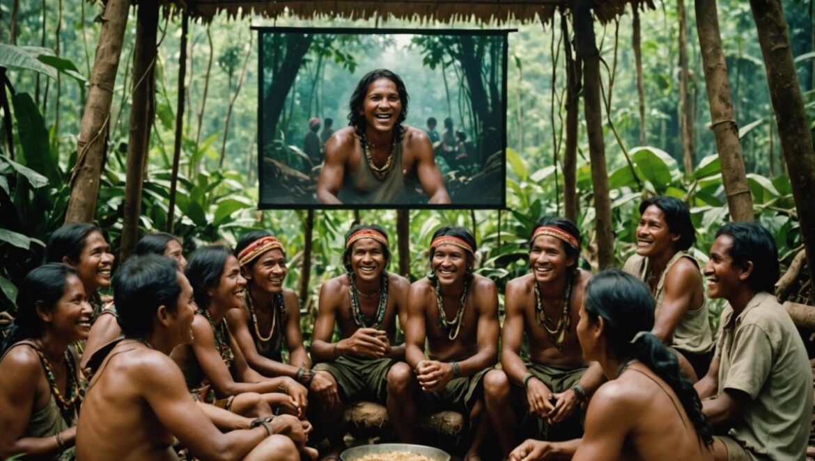 ¿Terror o comedia? La insólita reacción de una aldea amazónica ante Cannibal Holocaust A group of indigenous Amazonian villagers seated together under a rustic canopy, laughing heartily while watching a projected movie on a makeshift outdoor screen, photorealistic editorial style, soft daylight filtering through jungle foliage, tribal details visible in clothing and surroundings, main subjects centered and in sharp focus with the jungle subtly blurred in the background.