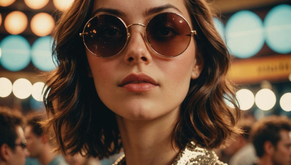 El póster de Almost Famous: cómo Kate Hudson y Penny Lane se volvieron icono eterno del cine y la cultura pop A close-up of a young woman with iconic round sunglasses reflecting concert stage lights, photorealistic editorial style, 2000s retro vibe, soft warm lighting, main subject centered and in sharp focus against a subtle backdrop of vintage movie posters.