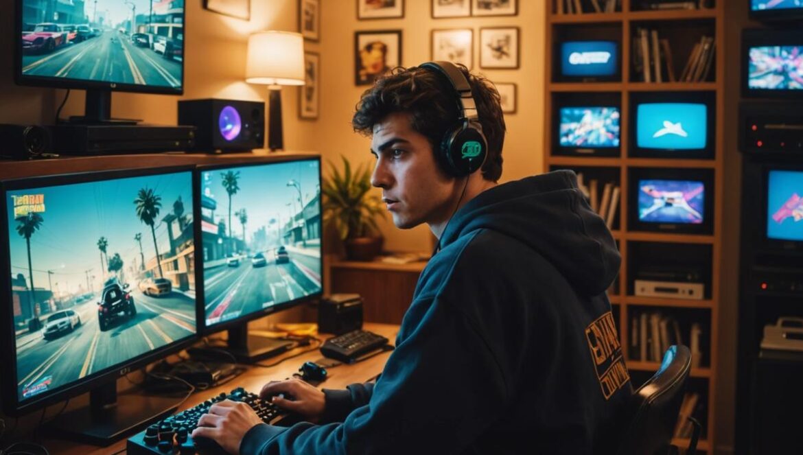 GTA Online lo revienta: diamantes, millones y triple pago antes del nuevo DLC A young Spanish gamer in his cozy apartment surrounded by retro and modern gaming consoles, intensely focused on a high-end PC screen displaying GTA Online. Editorial photorealistic style, warm lighting, shelves with iconic GTA memorabilia in the background, main subject centered and in sharp focus, subtle excitement in his expression as he checks the event rewards.
