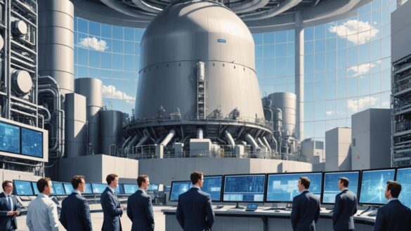 A modern nuclear power plant in Illinois, USA, photorealistic editorial style, with Mark Zuckerberg and engineers discussing plans at the center, surrounded by high-tech data center equipment and digital screens showing AI algorithms, bright daylight, clear sky, professional attire, sharp focus on the group in front of the main reactor building, clean and organized environment.