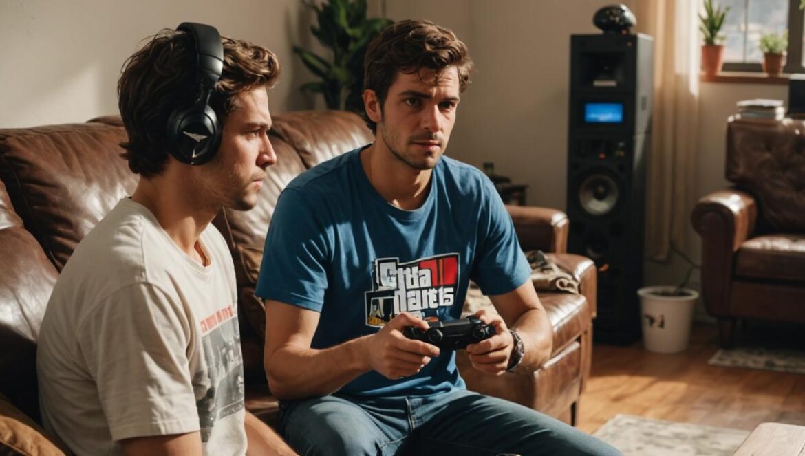 Rockstar lo volvió a hacer: cómo un tráiler de GTA VI reactivó medio internet gamer A photorealistic editorial-style image of a gamer’s living room, with both retro and modern consoles visible. At the center, a young Spanish man (late 20s) sits on a couch, holding a PS5 controller, eyes focused on the TV showing GTA V gameplay. Next to him, Red Dead Redemption 2 and Star Wars Battlefront II game cases are laid out on a coffee table. The room is well-lit, decorated with gaming posters, creating an enthusiastic yet analytical mood. Main subject centered and in sharp focus.