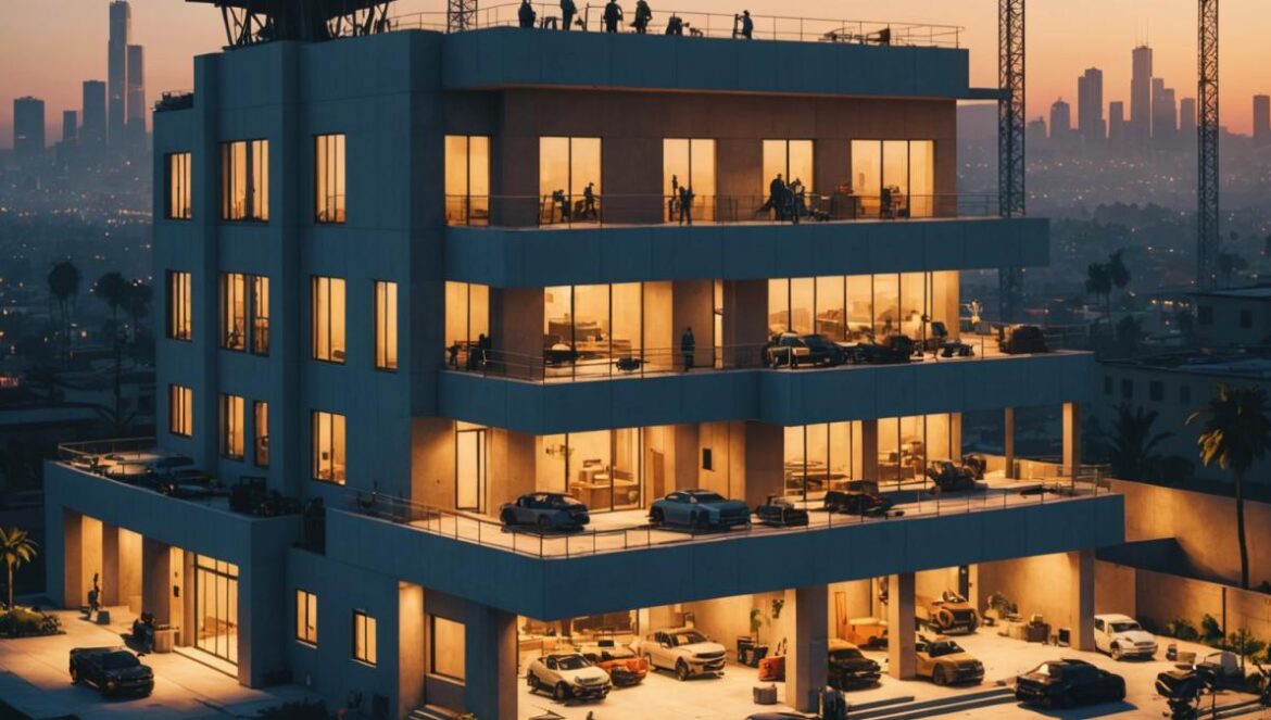 GTA Online Mansions: ¿Por fin podremos vivir el lujo que soñamos? Mi análisis insider A photorealistic editorial-style image of a luxury mansion under construction in Los Santos from GTA Online, center-focused on the modern mansion with cranes and construction workers around, high-end cars parked nearby, evening golden-hour lighting, vibrant city skyline in the background, realistic textures and materials, crisp and well-lit details, main subject (the mansion) clearly centered and in sharp focus.