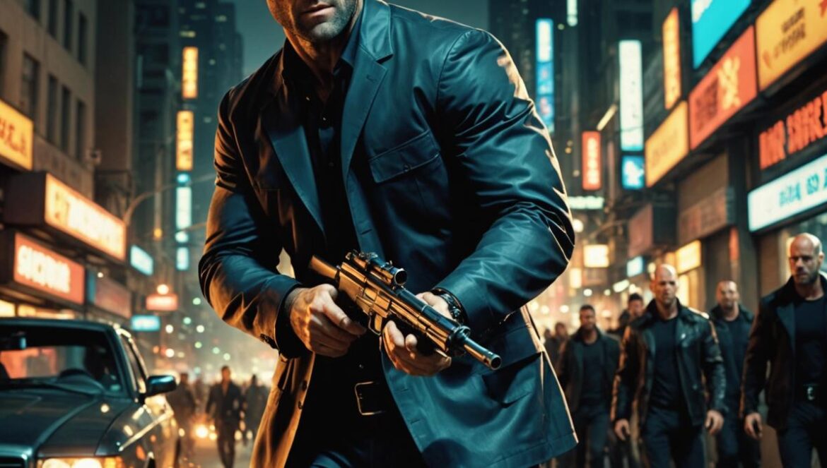 La fórmula Statham: por qué “Rescate Implacable” arrasa en Prime Video Jason Statham in the center, intense action scene set at night, photorealistic editorial style, dynamic lighting with neon reflections, urban environment showing chaos and movement, well-centered main subject in sharp focus holding a weapon, background hints of rescue operation vehicles and blurred figures to suggest tension.