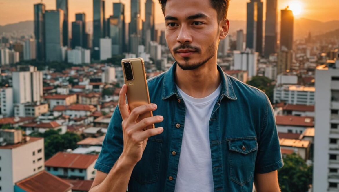 ¿El mejor móvil para fotos del año? El Huawei Pura 70 Pro deja atrás a iPhone y Pixel A modern Huawei Pura 70 Pro smartphone, held by a young Latin American tech enthusiast on a vibrant Medellín rooftop at sunset, photorealistic editorial style, camera lens and pop-out periscope module in sharp focus, urban skyline in the background, soft golden hour lighting highlighting the device’s sleek design, main subject centered and looking excitedly at the phone’s screen.