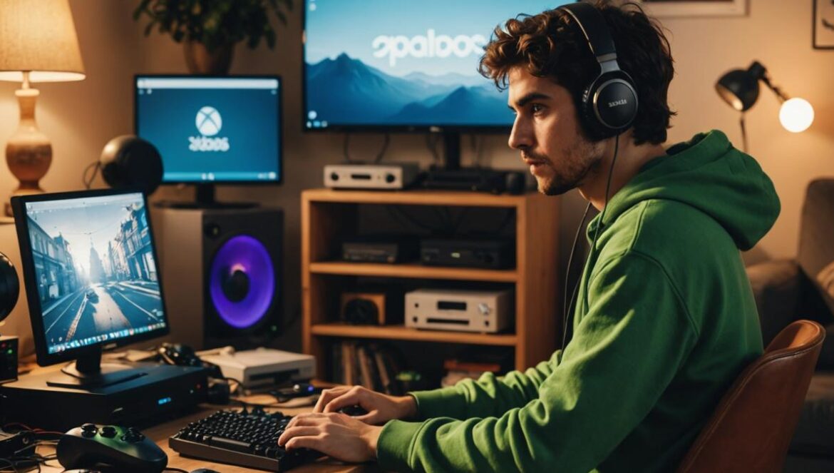 A photorealistic editorial image of a young Spanish indie game developer in a cozy apartment filled with retro and modern consoles, seated at a desk analyzing both a Steam Deck and a closed Xbox portable prototype, bathed in warm natural light, screens showing Windows 11 and SteamOS interfaces, the main subject clearly centered and focused, stylish tech decor and game posters in the background.
