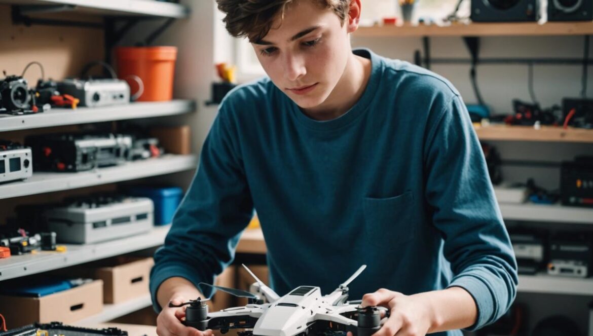 Así creó su drone revolucionario con 17 años (y piezas 3D desde su garage) A focused teenage boy working in a garage, assembling a modular 3D-printed VTOL drone on a workbench, photorealistic editorial style, bright daylight filtering through a window, shelves filled with electronic tools and 3D printer in the background, main subject well-centered and in sharp focus, highlighting determination and tech creativity.