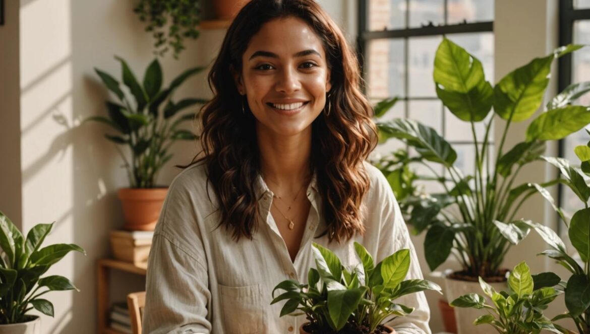 ¿Hormigas en tu casa? Soluciones naturales que sí funcionan A well-centered, photorealistic editorial image of a young Latina woman in a sunlit urban apartment, surrounded by lush indoor plants and minimalist decor, gently tending to a small garden planter with visible ants. She is smiling confidently, holding natural ingredients like cinnamon sticks and lemon peels. The lighting is bright and inviting, with clean surfaces and subtle decorative candles in the background. The mood is fresh, practical, and serene, main subject centered and in sharp focus.