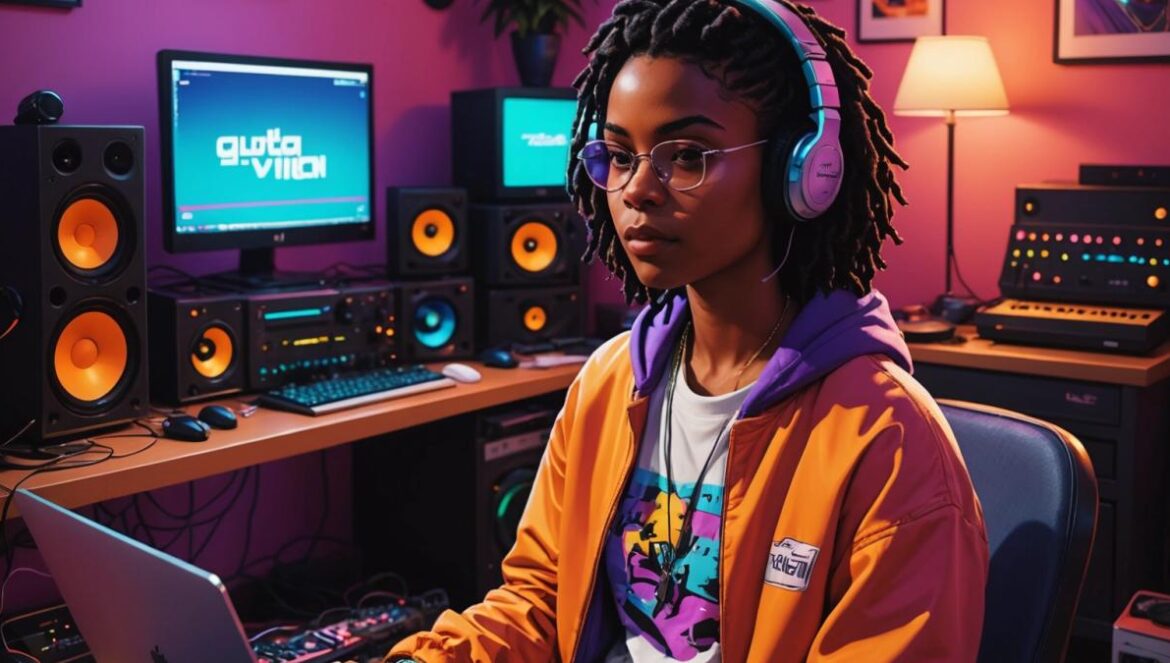 Lil Tecca y “DOPAMINE”: ¿por qué la dopamina es el nuevo motor creativo? Lil Tecca in a cozy Manhattan bedroom, surrounded by music production gear and colorful synths, photorealistic editorial style, warm ambient lighting, the artist sitting relaxed at the center, laptop and microphone in focus, hints of 80s neon decor inspired by GTA Vice City. Main subject well-centered and sharply focused.