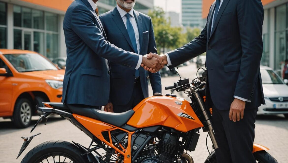 Bajaj toma el control de KTM: ¿la revolución india del motociclismo global? Two business executives from India and Austria shaking hands in front of a bright orange KTM motorcycle, editorial photorealistic style, well-lit office with visible financial charts, main subjects centered and sharply in focus, modern atmosphere, subtle hints of Latin American elements in the background.