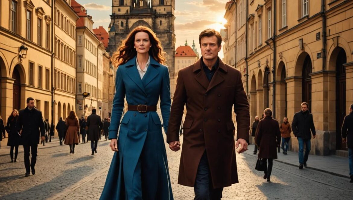 The Rookie se muda a Europa: la temporada 8 arranca entre persecuciones y castillos en Praga Nathan Fillion and Bridget Regan filming a dramatic scene in the historic center of Prague, photorealistic editorial style, evening golden hour light, classic Prague architecture with cobblestone streets and the iconic Jan Palach Square in the background, focused on the two actors in action, bustling European city life around them, main subjects clearly centered and in sharp focus, vibrant yet realistic colors.