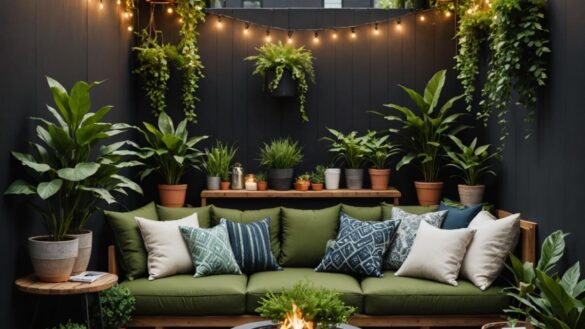 De patio gris a oasis verde: la tendencia que está revolucionando los mini-espacios urbanos A well-centered, photorealistic editorial-style image of a cozy urban patio transformation: lush green plants in modern pots, string lights above, a comfy seating area with vibrant cushions, all surrounded by freshly painted dark walls. The mood is tranquil and inviting, with soft natural light, showing before-and-after details subtly blended. Main focus on the transformed patio space with clear contrasts to the previous state.