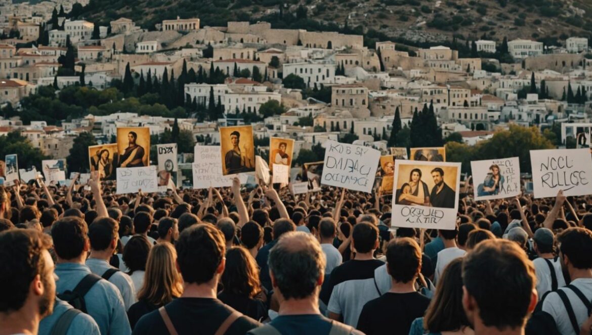 Hércules de Disney: éxito global, choque cultural en Grecia y la eterna duda entre homenaje y apropiación A group of Greek citizens protesting at the foot of Pnyx Hill in Athens, holding banners with mythological symbols and images of Disney's Hercules, photorealistic editorial style, early evening golden lighting, Acropolis visible in the background, main protesters centered and in sharp focus with an emotional, passionate expression.
