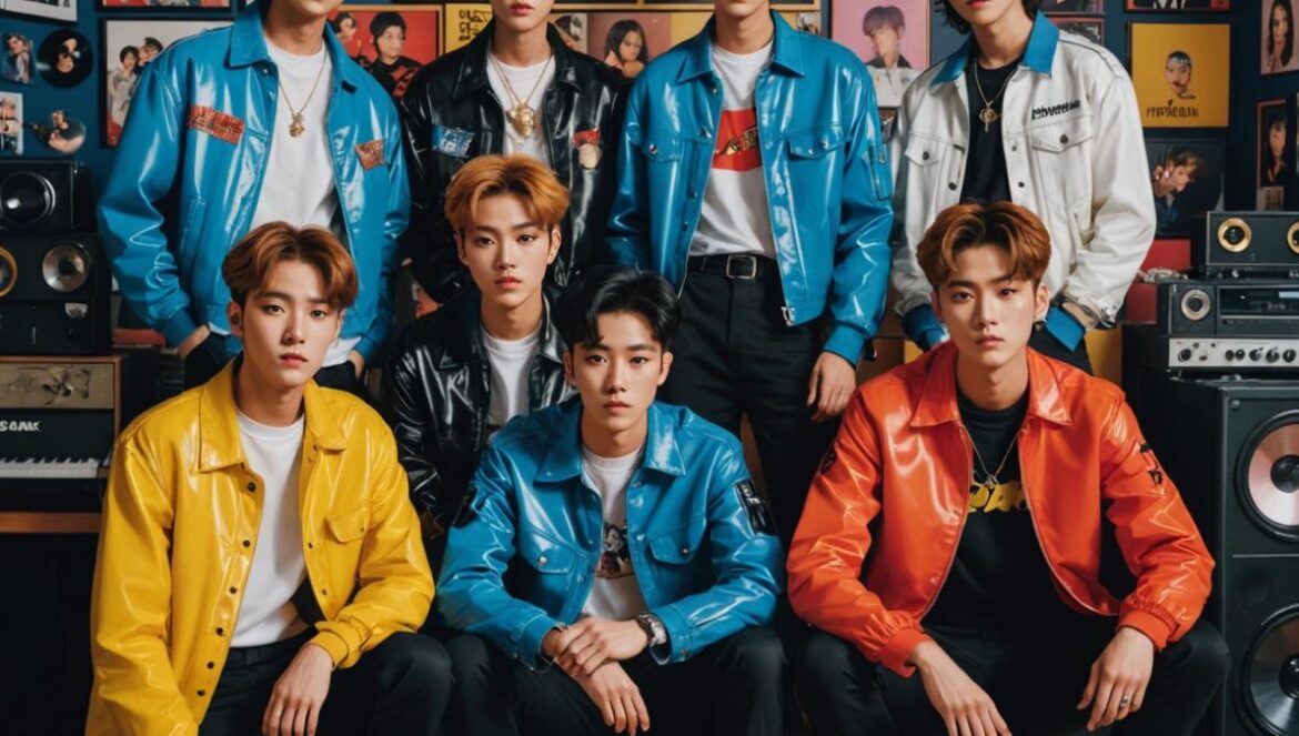 El eco imparable de la segunda generación K-Pop: cómo sus pioneros siguen marcando el ritmo A photorealistic editorial image of iconic second-generation K-pop group members, centered in a vibrant, modern studio. They are surrounded by memorabilia such as vinyl records, lightsticks, and bold fashion pieces that reference their signature eras. The mood is energetic yet nostalgic, with dynamic lighting highlighting their expressive faces and stylish outfits. The background features subtle references to contemporary idols inspired by them, all main figures sharply focused and well-centered.