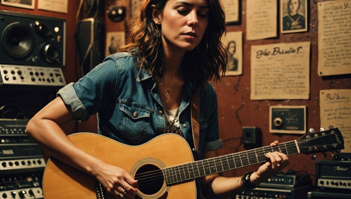 Dagmar Zuniga, performing live in an intimate underground music venue, photorealistic editorial style, soft moody lighting highlighting her focused expression as she plays an acoustic guitar surrounded by vintage cassette decks and scattered handwritten lyrics, main subject well-centered and in sharp focus, textured background with hints of Brooklyn nightlife.