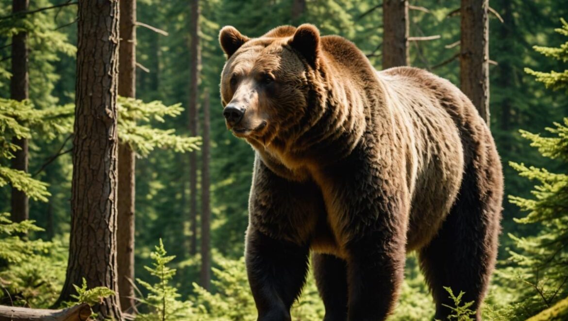 El gran regreso bloqueado: cómo Trump frenó la histórica reintroducción del oso pardo en EE.UU. (y encendió la lucha ambiental) A photorealistic, editorial-style image of a large grizzly bear at the center of a lush North Cascades forest in Washington State, sunlight filtering through tall pine trees, the bear looking alert yet peaceful, subtle traces of human presence like distant hiking trails, moody but hopeful atmosphere, the bear clearly centered and in sharp focus against a clean natural background.