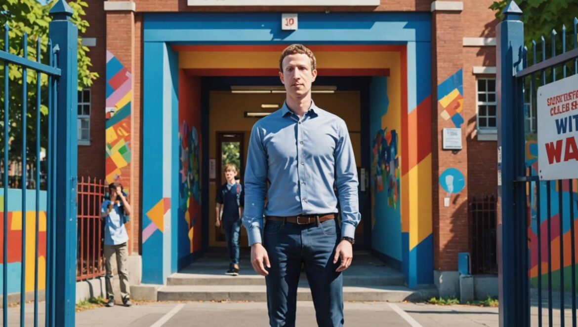 Zuckerberg cierra su escuela modelo: ¿filantropía o marketing encubierto? A well-dressed tech billionaire (Mark Zuckerberg lookalike) stands solemnly outside the gates of a closed, modern primary school with colorful murals, photorealistic editorial style, midday natural light. In the background, disappointed parents and children in casual clothing hold hands or look at the building. The main subject is centered and in sharp focus, conveying a contrast between wealth and community loss.