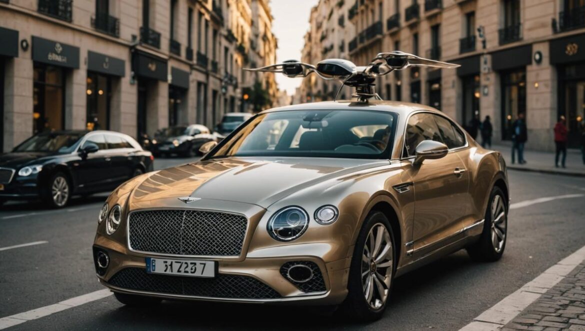 ¿Y si tu coche tuviera un dron? El lujo que ya vuela en Bentley A luxurious Bentley car parked on a modern street in Madrid, the iconic hood ornament launching and transforming into a sleek mini drone hovering just above the hood, photorealistic editorial style, golden hour lighting with city reflections, sharp focus on the drone in mid-flight, clean and elegant urban background highlighting both technology and exclusivity.
