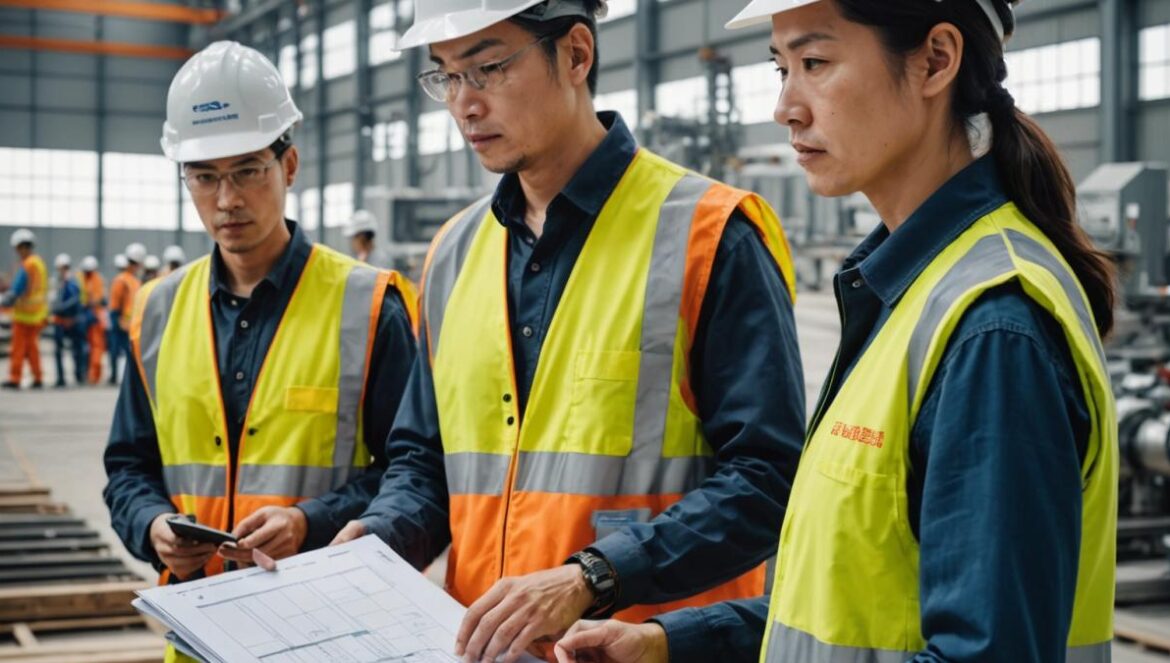 ¿Gigafábrica o promesa vacía? La llegada de CATL divide opiniones en España A group of Chinese and Spanish engineers in safety vests and helmets standing at the center of a large, modern battery factory under construction in Figueruelas, Aragón. Photorealistic editorial style, bright daylight streaming through high windows, workers examining blueprints and advanced battery machinery, diverse team interacting professionally, main group clearly centered and in sharp focus, clean industrial background with signs of rapid development.