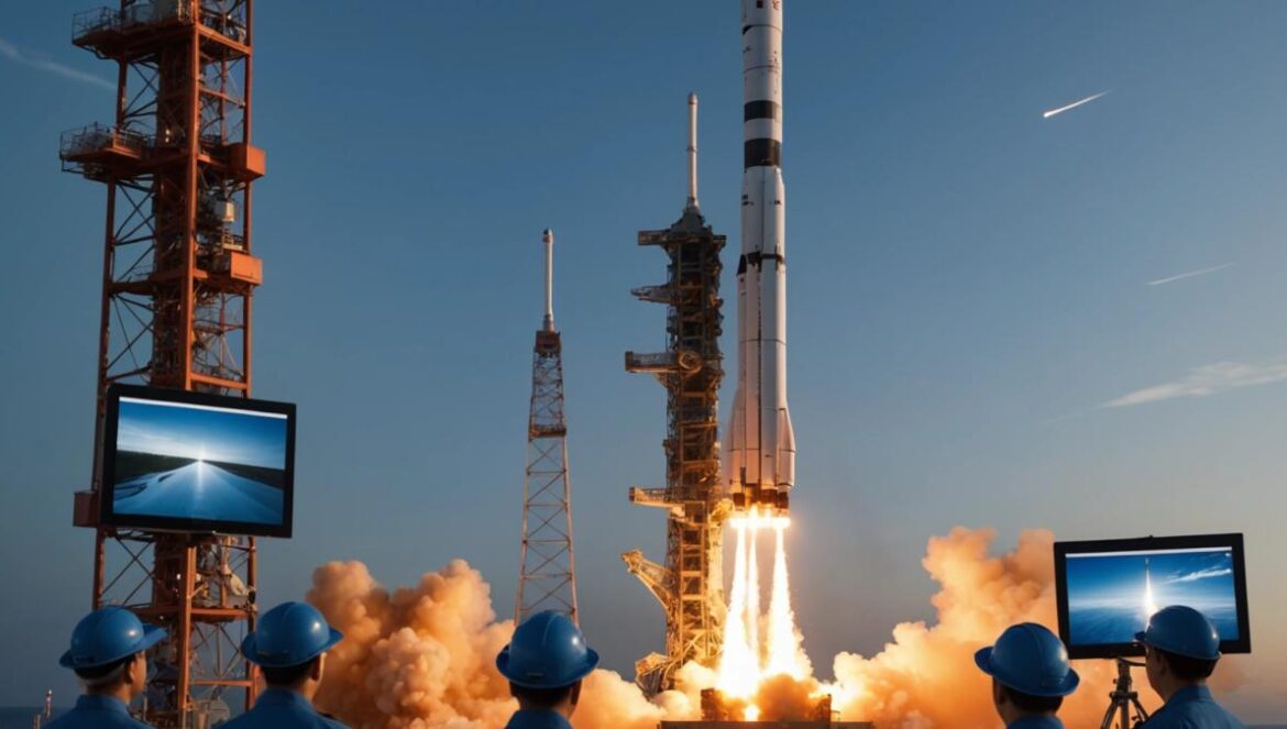 ¿China está a punto de destronar a SpaceX? El duelo ya empezó A photorealistic editorial-style image of a dramatic rocket launch at dusk, featuring a Chinese reusable rocket ascending with powerful flames beneath, surrounded by modern technology engineers in blue uniforms observing data screens. The scene is set on a coastal launch pad with the sea reflecting the orange glow, the main rocket sharply centered and in focus, dynamic lighting, clear sky transitioning to twilight. Subtle hints of both Chinese and global innovation in the equipment and attire.