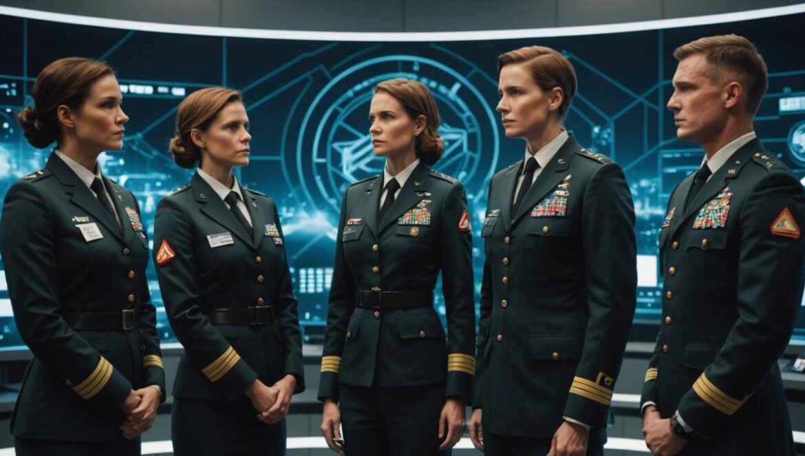 Silicon Valley entra en uniforme: cómo OpenAI, Meta y Palantir se convierten en coroneles del Pentágono Four tech executives (diverse genders, ages) in business attire taking a formal oath inside a modern military setting, photorealistic editorial style, serious and futuristic mood, digital screens and AI symbols in the background, US Army insignia visible, main subjects centered and in sharp focus.