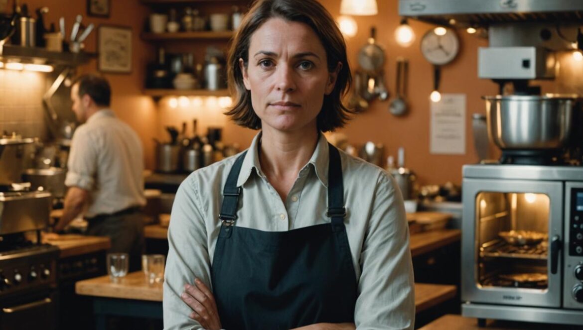 Lo que nunca viste de Cauchemar en cuisine: fracasos, presión y la otra cara del show A French restaurant owner standing in the center of their small, cozy bistro, looking both hopeful and anxious, surrounded by new kitchen equipment and media lights, photorealistic editorial style, warm natural lighting highlighting contrasting emotions on their face, with a modern TV crew subtly in the background, main subject well-centered and in sharp focus.