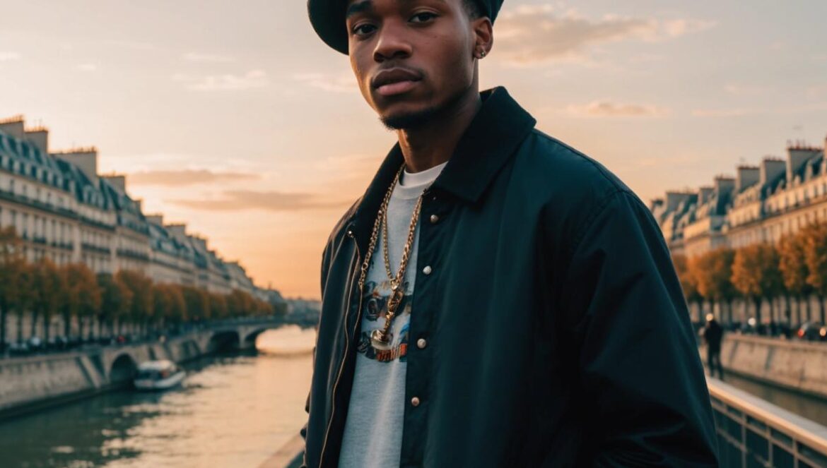 Pi’erre Bourne convierte París en un meme trap: ironía, clichés y un flow imposible de imitar A stylish young Black rapper in Paris, center-focused, wearing modern streetwear with subtle French influences (like a beret or scarf), standing on a bridge over the Seine at sunset, photorealistic editorial style. The mood is vibrant and playful, with the cityscape softly blurred in the background. The main subject is sharply in focus, holding a vintage microphone in one hand and a small Eiffel Tower souvenir in the other, exuding cool confidence.