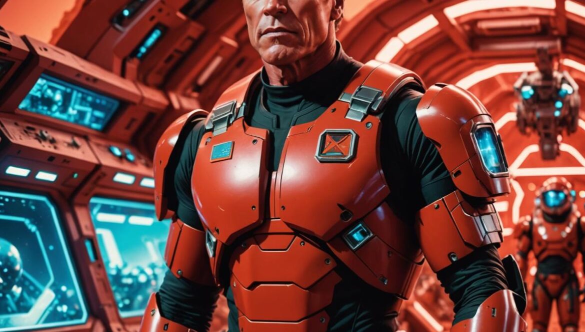 Desafío Total: la odisea de Hollywood que tardó 20 años en nacer, con Schwarzenegger, Marte y un legado sci-fi que sigue vigente Arnold Schwarzenegger as the main subject, standing in a futuristic Mars colony set with vivid red lighting, photorealistic editorial style, sharp focus on his determined expression and sci-fi props (like oxygen mask and high-tech gadgets), dynamic background hinting at Martian landscapes and 90s-style practical effects, cinematic atmosphere, main subject centered and well-lit.