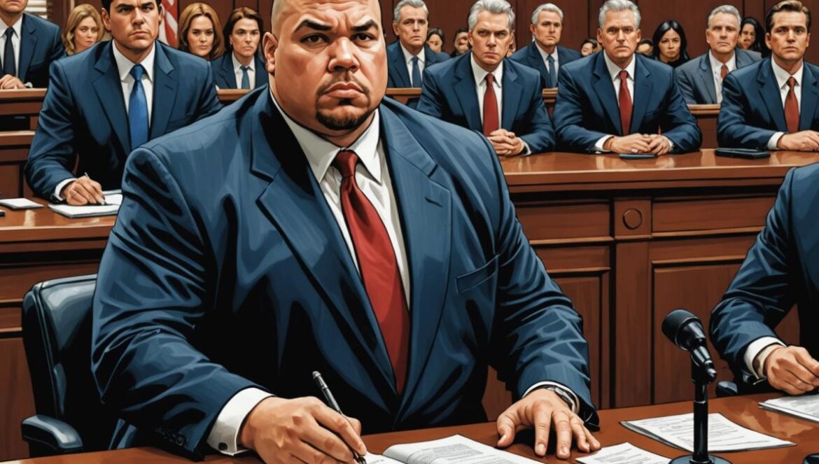 El caso que sacude al hip hop: las graves acusaciones contra Fat Joe bajo la lupa A serious courtroom scene with a well-dressed man resembling Fat Joe at the center, photorealistic editorial style, dramatic lighting highlighting tense expressions, legal documents and microphones on the table, media photographers in the background, urban New York setting visible through courthouse windows. The main subject is clearly centered and in sharp focus.
