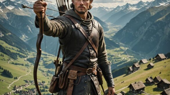 Wilhelm Tell regresa al cine con una flecha directa al corazón del siglo XXI A charismatic actor dressed as a medieval archer, standing confidently in the center of an epic Swiss alpine landscape, photorealistic editorial style, dramatic natural light highlighting the tension, background shows hints of rebellion—villagers gathering and banners waving. Main subject is well-centered and in sharp focus, holding a bow with an arrow ready, his gaze determined, with a young boy at his side.