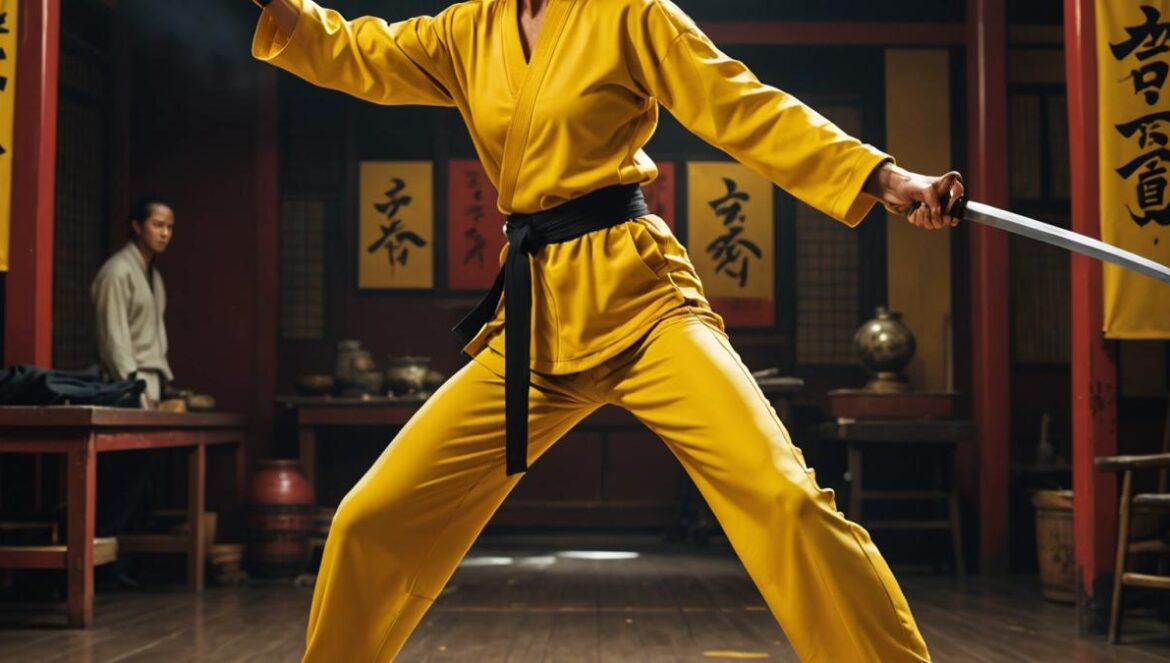 Kill Bill en streaming: cómo Tarantino y Uma Thurman siguen marcando estilo, feminismo y culto pop en 2025 Uma Thurman as The Bride, dressed in iconic yellow tracksuit, standing with a katana in the center of a dramatic dojo setting, photorealistic editorial style, intense cinematic lighting with sharp shadows, subtle blood splatters on the floor, focused and fierce expression, posters of classic kung fu films in the background, main subject clearly centered and in sharp focus for a dynamic and modern buzzworthy visual.
