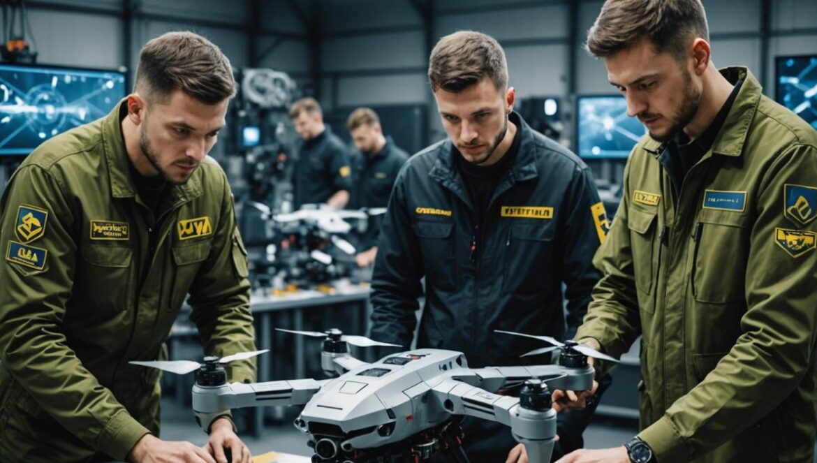 Renault y los drones de guerra: ¿por qué está fabricando tecnología militar en Ucrania? A group of Ukrainian engineers in a high-tech workshop, assembling advanced combat drones with Renault logos, photorealistic editorial style, focused lighting highlighting the engineers and drones at the center, blueprints and digital screens in the background, atmosphere of innovation and urgency, main subjects sharply centered and in focus, clean industrial setting.