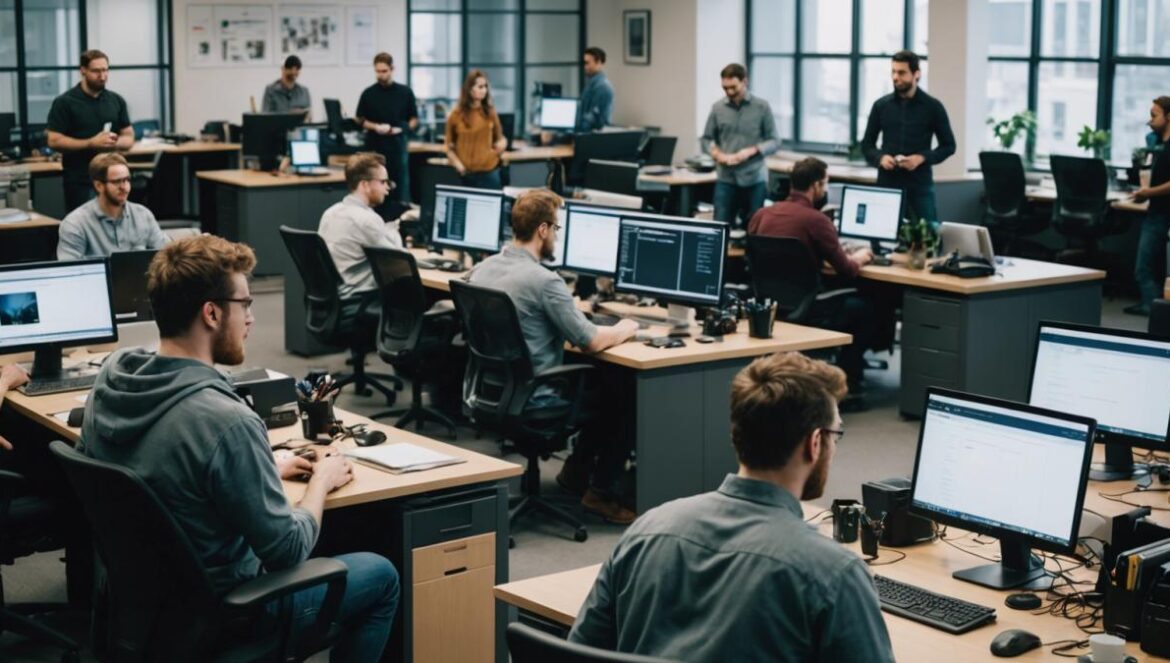 ¿Despidos por IA o por impuestos? El cambio fiscal secreto que sacudió Silicon Valley A group of software engineers in a modern tech office, some packing up personal items while others discuss anxiously, photorealistic editorial style, natural indoor lighting, laptops and monitors on desks, center-focused composition with one engineer visibly worried in the middle, open workspace background, professional and tense atmosphere.