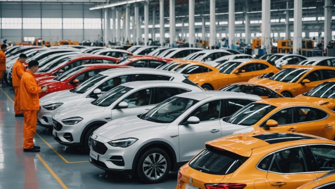 ¿Boom o burbuja? La verdad detrás del éxito eléctrico de BYD y los autos chinos A modern Chinese car factory with dozens of shiny electric cars lined up, workers in uniforms inspecting vehicles, editorial photorealistic style, bright well-lit environment, subtle sense of excess inventory and large stockpiles visible in the background, main subject centered and sharply focused for a professional online publication.