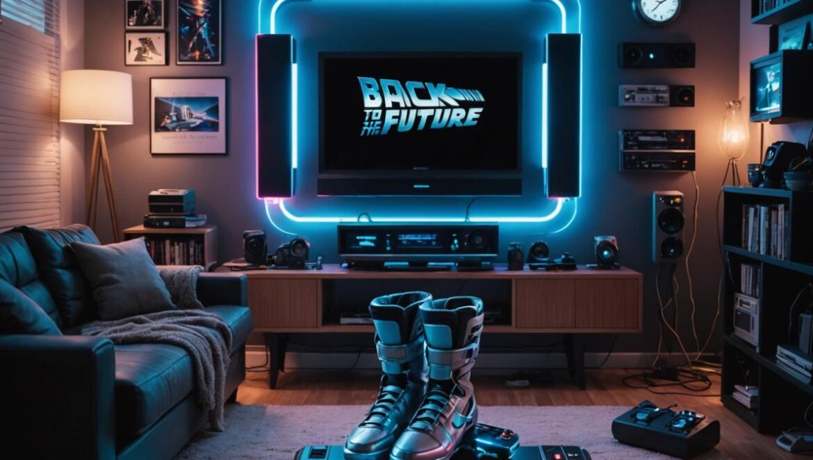 A photorealistic editorial-style image of a cozy, futuristic living room inspired by 'Back to the Future II', with subtle neon blue lighting and sleek, modern tech gadgets. A central control panel with a glowing 'Lithium Mode' button is in sharp focus at the center, surrounded by scattered retro-futuristic props (like self-tying sneakers and a hoverboard). The mood is nostalgic yet innovative, suggesting both past cinema and imagined future technology. Main subject—the control panel—is centered and crisp, background soft and inviting.