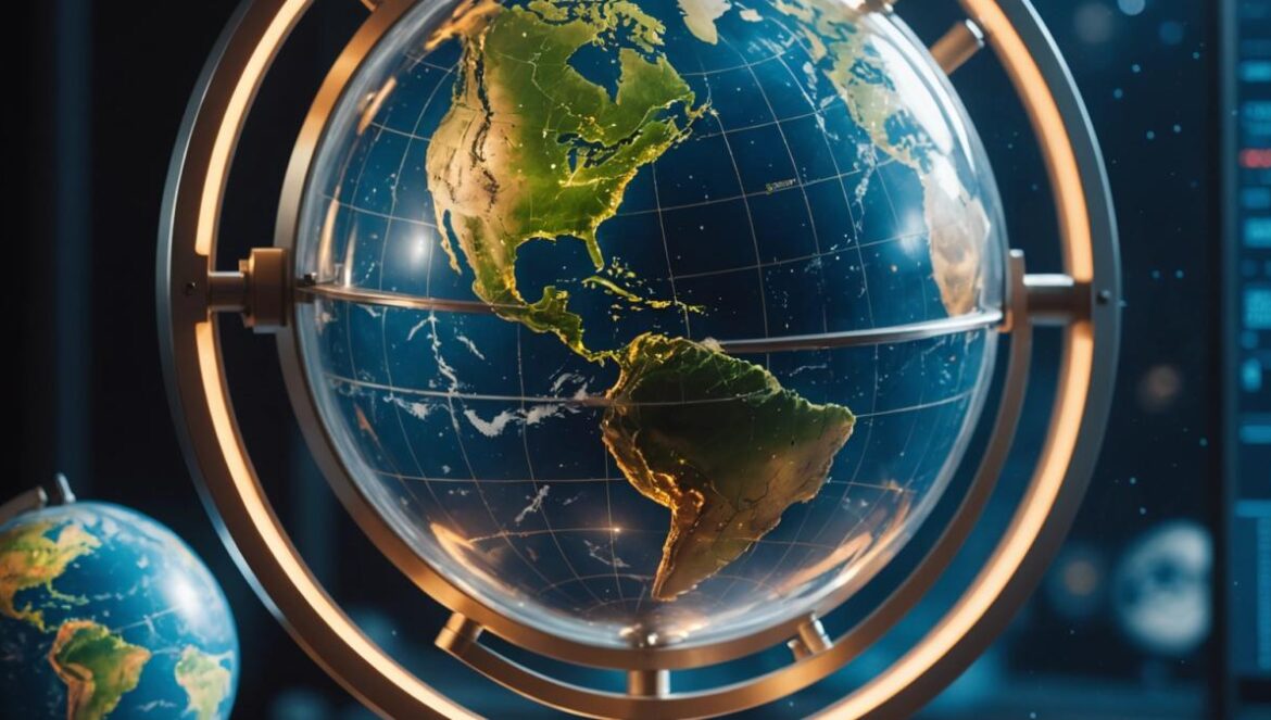A large, modern atomic clock displayed prominently in the center, with a dynamic globe of Earth spinning quickly in the background, photorealistic editorial style, bright and sharp lighting, clock hands blurred to suggest high speed, subtle lunar imagery above, professional magazine look with a futuristic mood, main subjects centered and in sharp focus.
