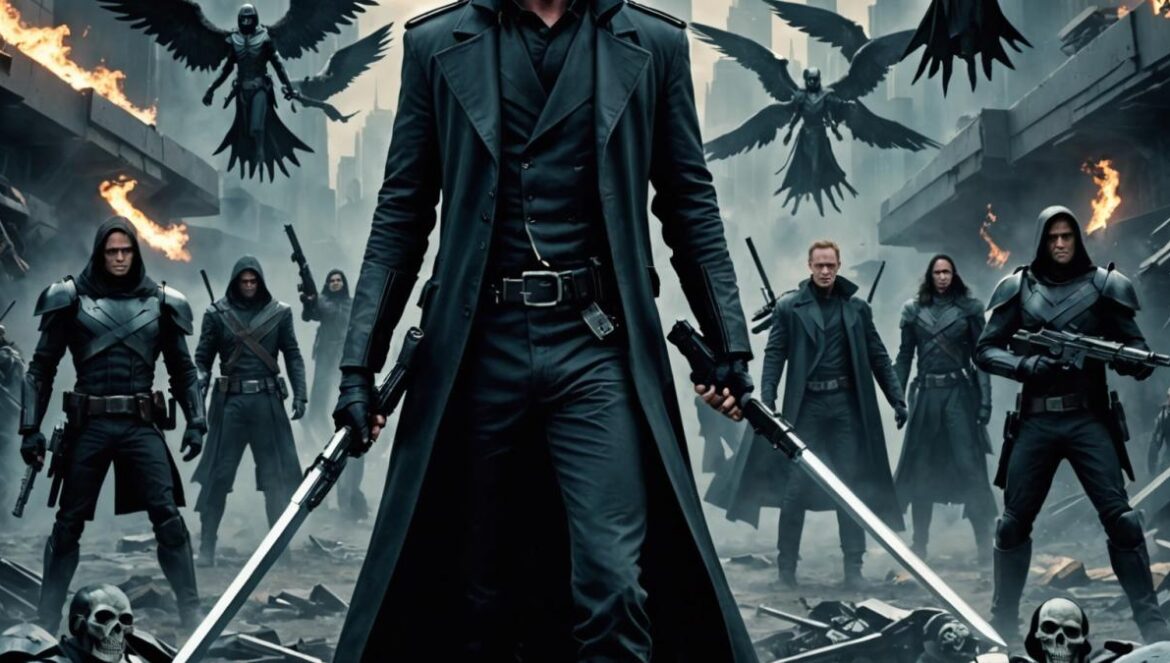 ¿Legión o El Sicario de Dios? El efecto Mandela cinéfilo que todos sufrimos con Paul Bettany Paul Bettany, dressed as a grim action hero in a desolate futuristic setting, stands at the center holding weapons; behind him, shadowy angels with guns and mutant vampires lurk, photorealistic editorial style, moody bluish lighting, scattered religious and western motifs, cinematic composition with Paul clearly centered and in sharp focus.
