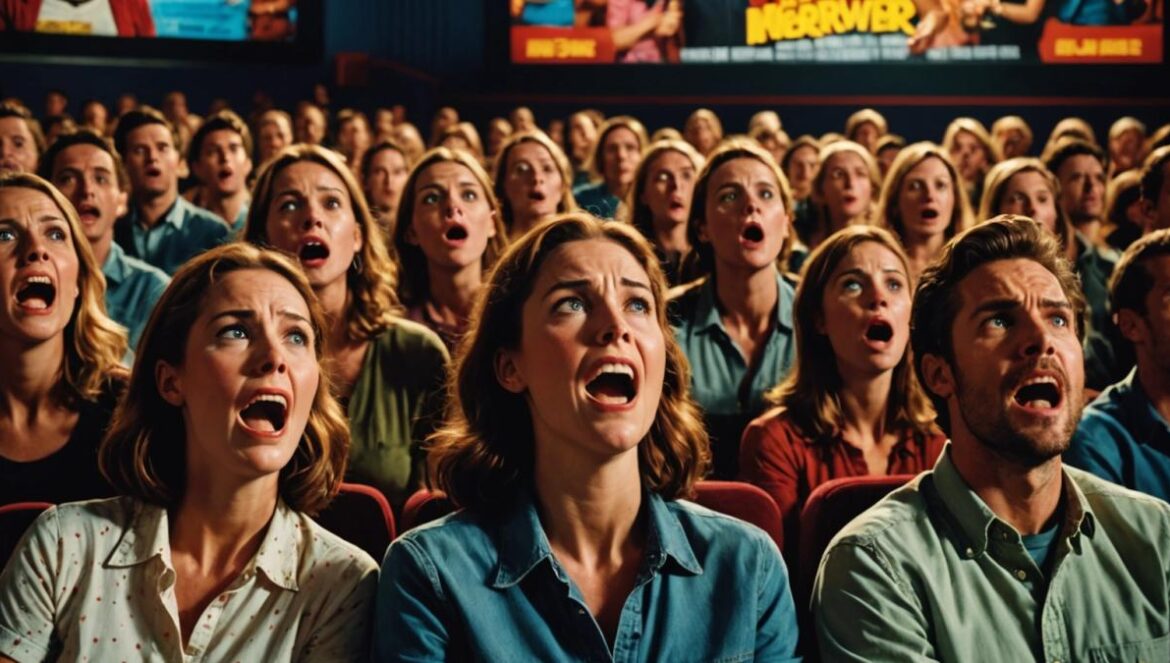 The Hunt: la película que se atrevió a satirizar el odio político (y casi fue censurada) A tense and dramatic movie theater scene, photorealistic editorial style, a diverse group of shocked and amused viewers in their seats watching a violent yet satirical action scene on the big screen, cinematic lighting with contrasting shadows and vivid colors from the screen reflecting on their faces, central focus on a woman laughing nervously while others look tense, detailed background showing movie posters for 'A Caçada', main subjects well-centered and in sharp focus.