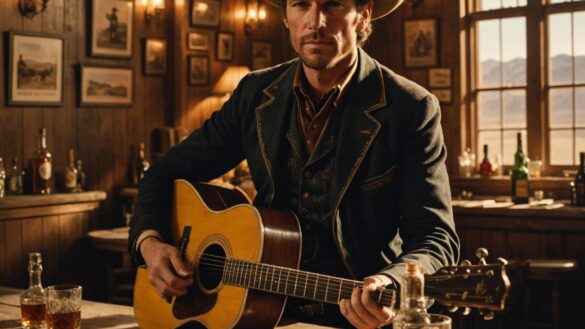 A well-dressed cowboy with a guitar, sitting on a dusty wooden bar counter in a classic Old West saloon, photorealistic editorial style, warm golden lighting streaming through vintage windows, details like antique pistols, poker cards and whiskey glasses scattered around, main subject centered and in sharp focus, subtle touch of surrealism to evoke the Coen brothers’ unique style.