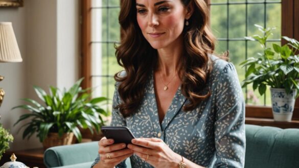 Kate Middleton at home, seated near a window surrounded by greenery and gentle natural light, dressed in comfortable yet elegant attire, with a calm expression, reading supportive messages on her phone. Editorial, photorealistic style, warm and serene atmosphere, subtle royal touches like delicate jewelry or a tea cup. The main subject is well-centered and in sharp focus, background softly blurred for emphasis.