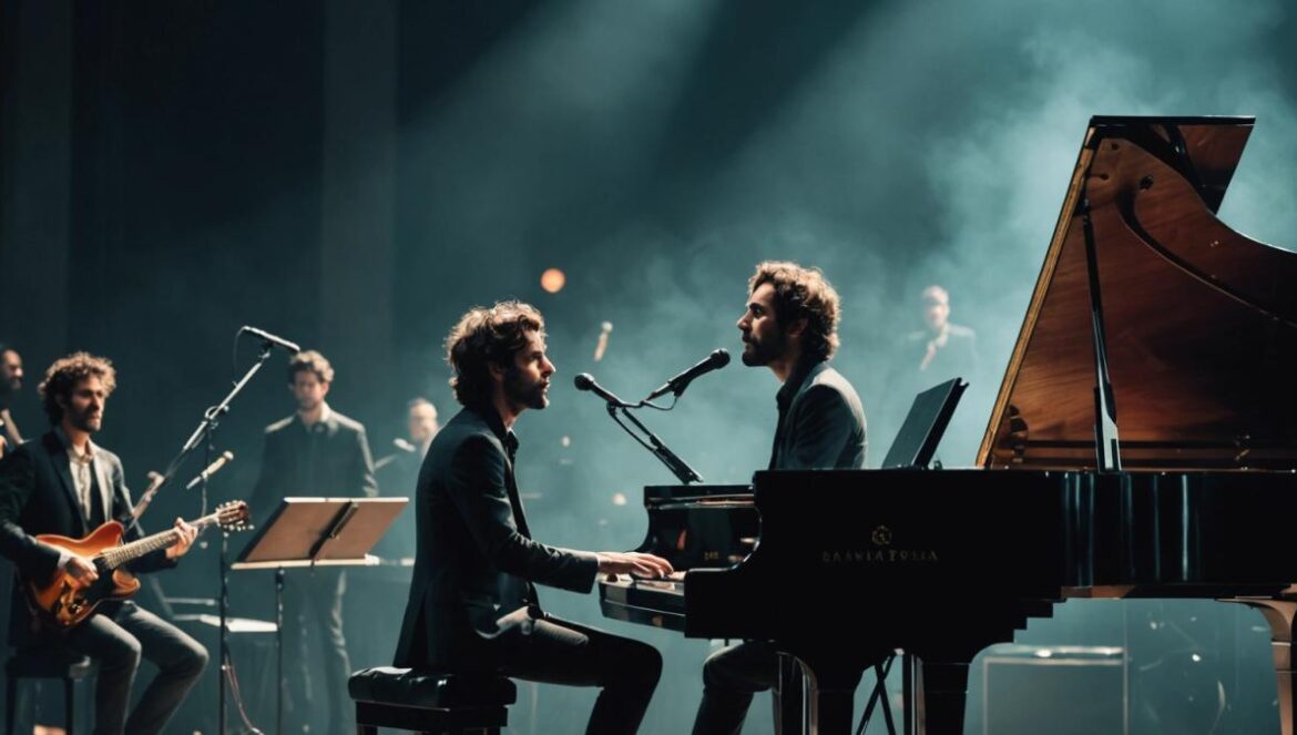 Francophone Music: Lo que nadie te cuenta sobre el boom viral de Patrick Watson y Stromae Patrick Watson performing on stage, photorealistic editorial style, spotlight on Watson singing passionately at a grand piano, audience in awe, vibrant stage lighting, modern concert environment, main subject well-centered and in sharp focus, atmospheric mood with subtle fog effects.