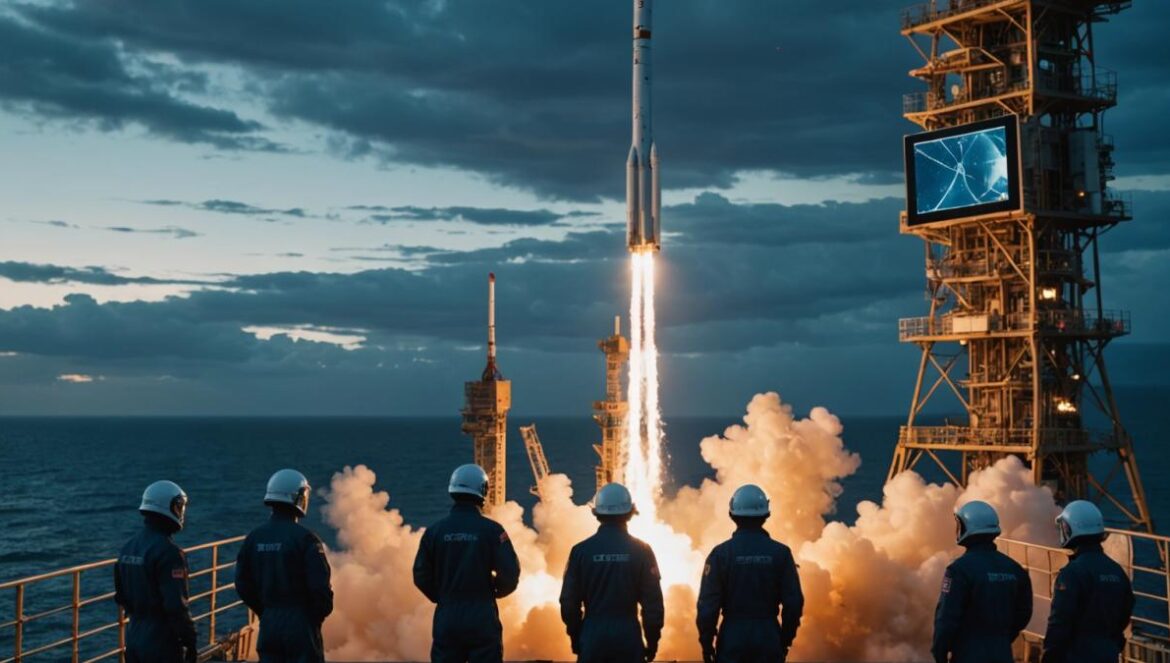 China vs SpaceX: la nueva carrera espacial que nadie vio venir A futuristic editorial-style image showing a Chinese rocket prototype performing a vertical landing on an ocean platform, sharp focus on the rocket at the center, engineers in modern jumpsuits monitor data screens nearby, dusk lighting with dramatic skies, subtle cityscape in the background, clean and realistic composition for a tech magazine cover.