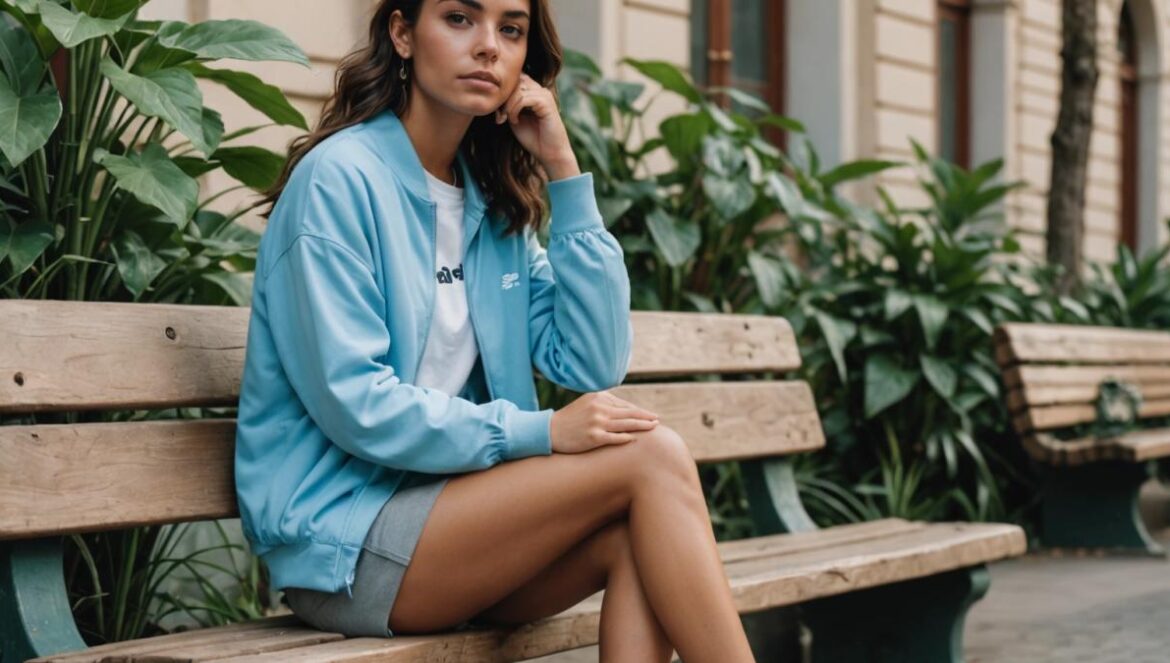 New Balance azul cielo: cómo destronaron a las sandalias este verano A young Latina woman in Buenos Aires wearing sky blue New Balance sneakers, sitting casually on an outdoor bench surrounded by lush greenery and urban summer vibes, photorealistic editorial style, soft natural daylight highlighting the pastel colors of her outfit and shoes, main subject well-centered and sharply in focus, clean city background with hints of plants and fashion accessories.
