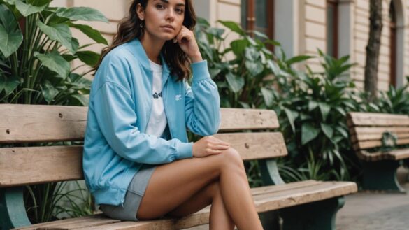 A young Latina woman in Buenos Aires wearing sky blue New Balance sneakers, sitting casually on an outdoor bench surrounded by lush greenery and urban summer vibes, photorealistic editorial style, soft natural daylight highlighting the pastel colors of her outfit and shoes, main subject well-centered and sharply in focus, clean city background with hints of plants and fashion accessories.