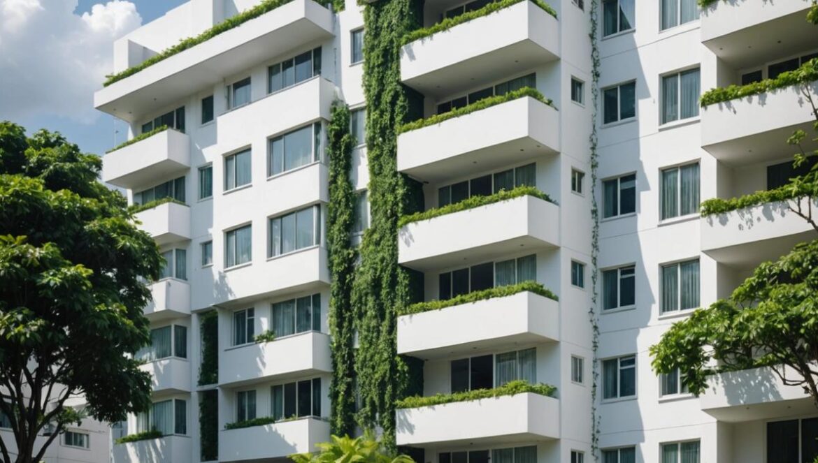 La pintura que “suda” como nosotros: la apuesta de Singapur que promete reducir el calor urbano y la factura de luz en Latinoamérica A modern apartment building in Singapore, its white exterior glistening with subtle moisture droplets under the sun, photorealistic editorial style, bright daylight, lush green plants nearby, clear blue sky, the innovative 'sweating' paint texture is visible on the facade. The main building is centered and in sharp focus, background shows hints of a bustling city.